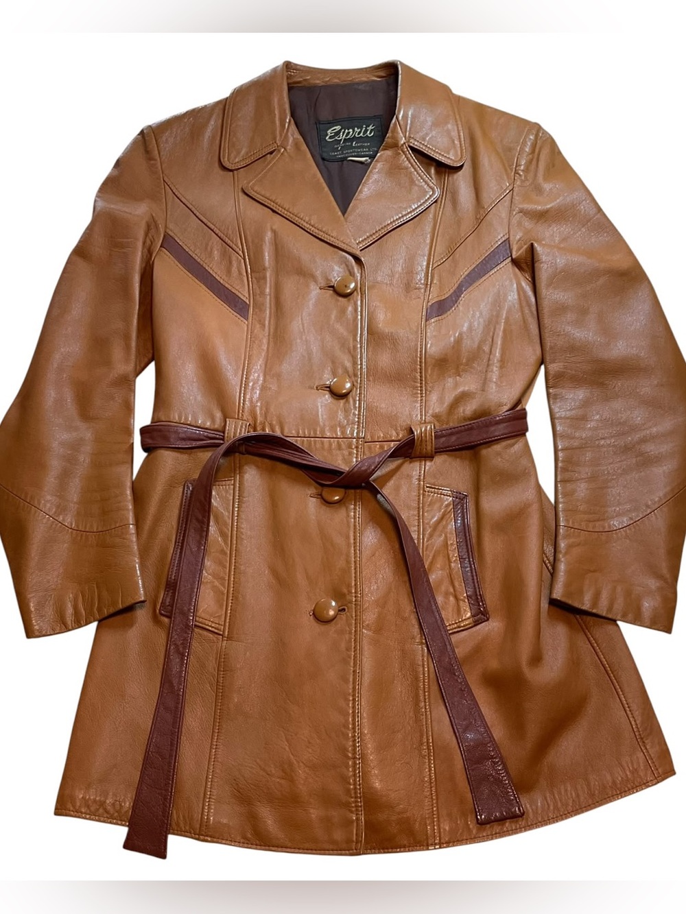 Vintage Esprit Women's Tan Leather Belted Trench with Brown Trim
